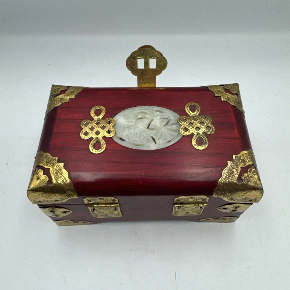 Vintage Chinese Rosewood Jewelry Box Jade Inlay Brass & Silk Accents